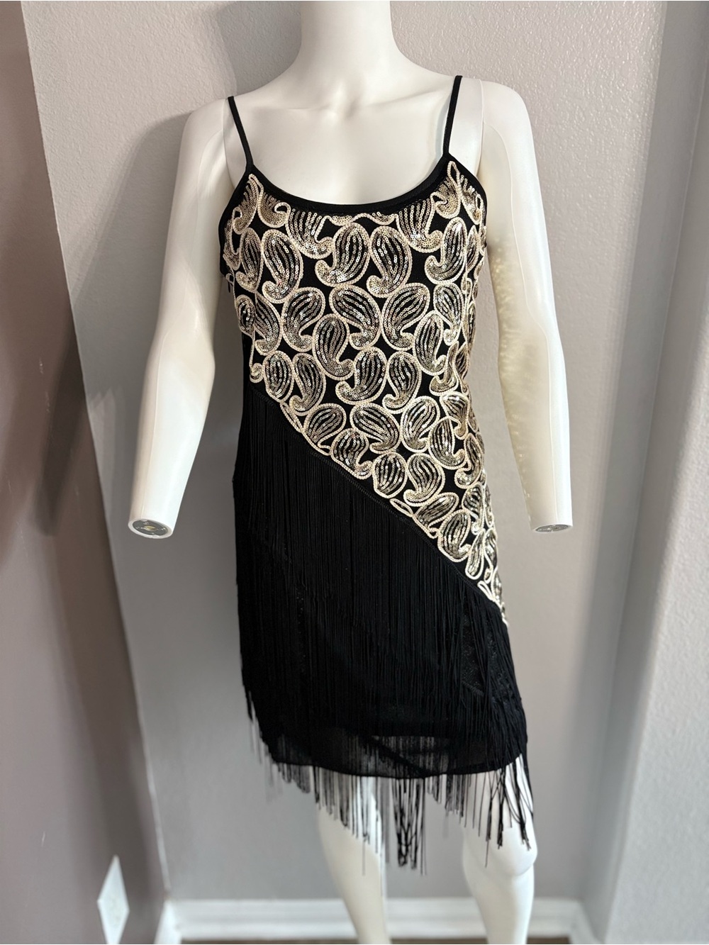 Black and Gold Beaded Flapper Dress